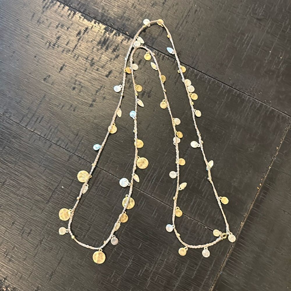Stella & Dot Mixed Metal Hammered Medallion Leather Rope Long Boho Necklace